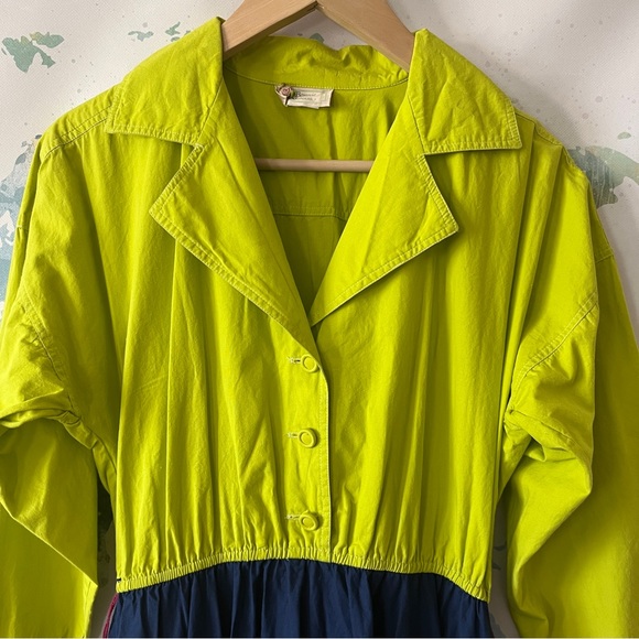 VTG Bonnie Strauss Dress Size 4 Chartreuse Navy Blue A-Line Cotton Pin-Up Retro - Picture 2 of 14